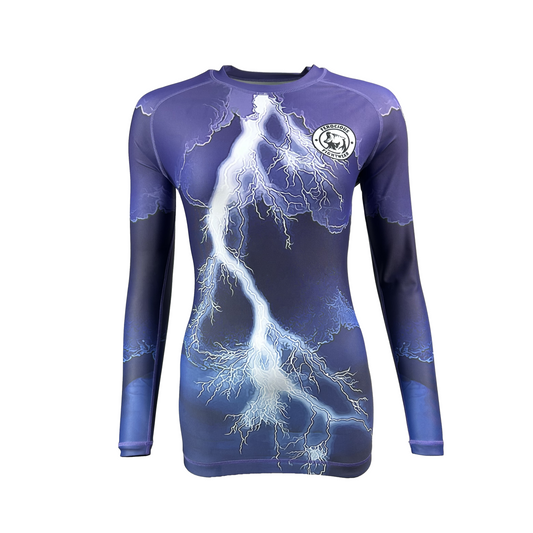 Lightning Strike Funky Design light blue and purple long sleeved womens female BJJ rashguard