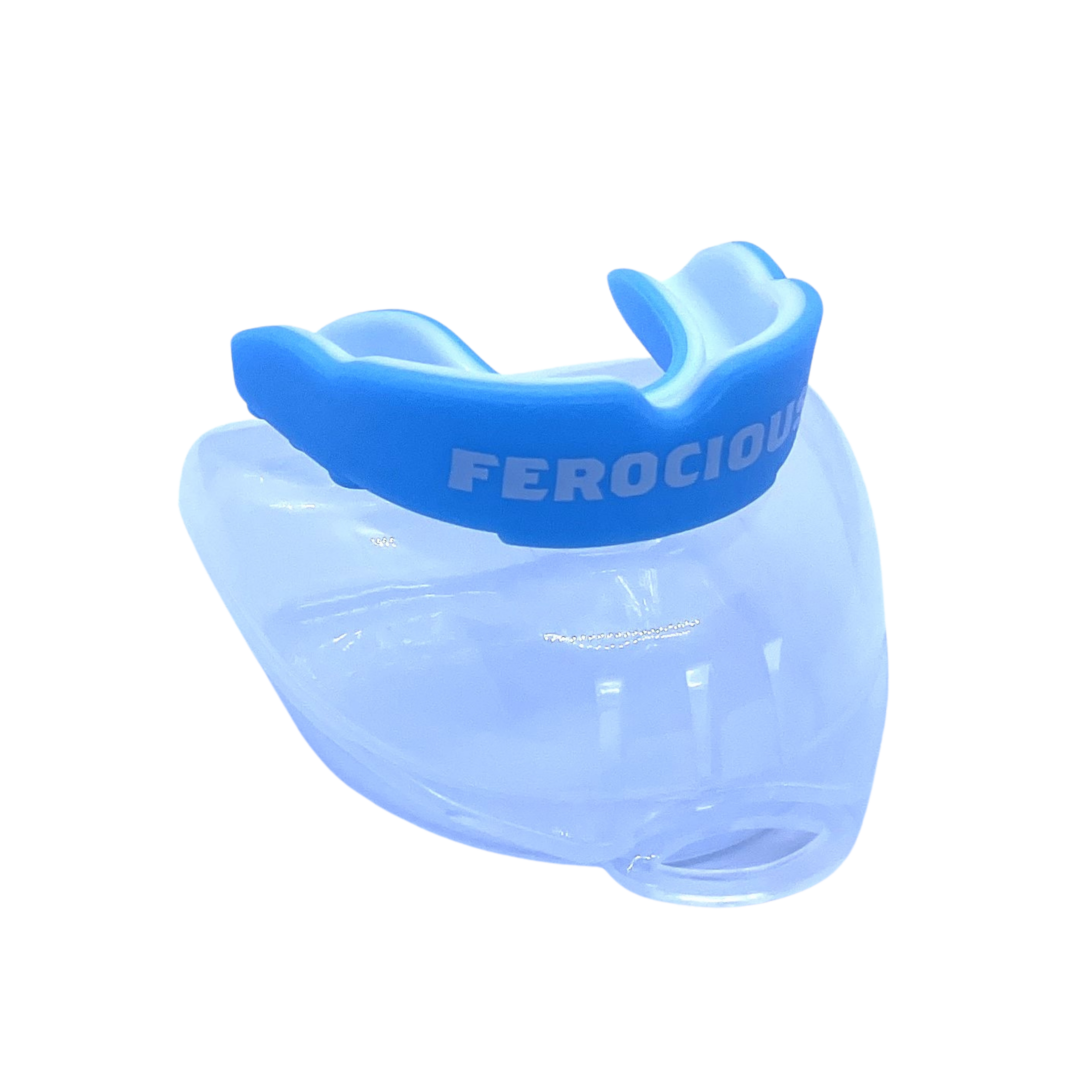 Close-up of a Blue durable and comfortable mouthguard designed for MMA, BJJ, and other contact sports, providing essential protection for teeth and gums during intense training and competition.